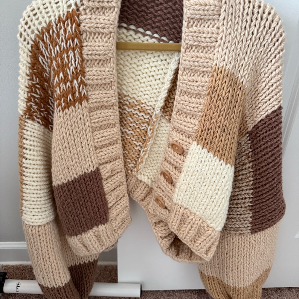 Chunky Knit Patchwork Sweater - Beige and Brown